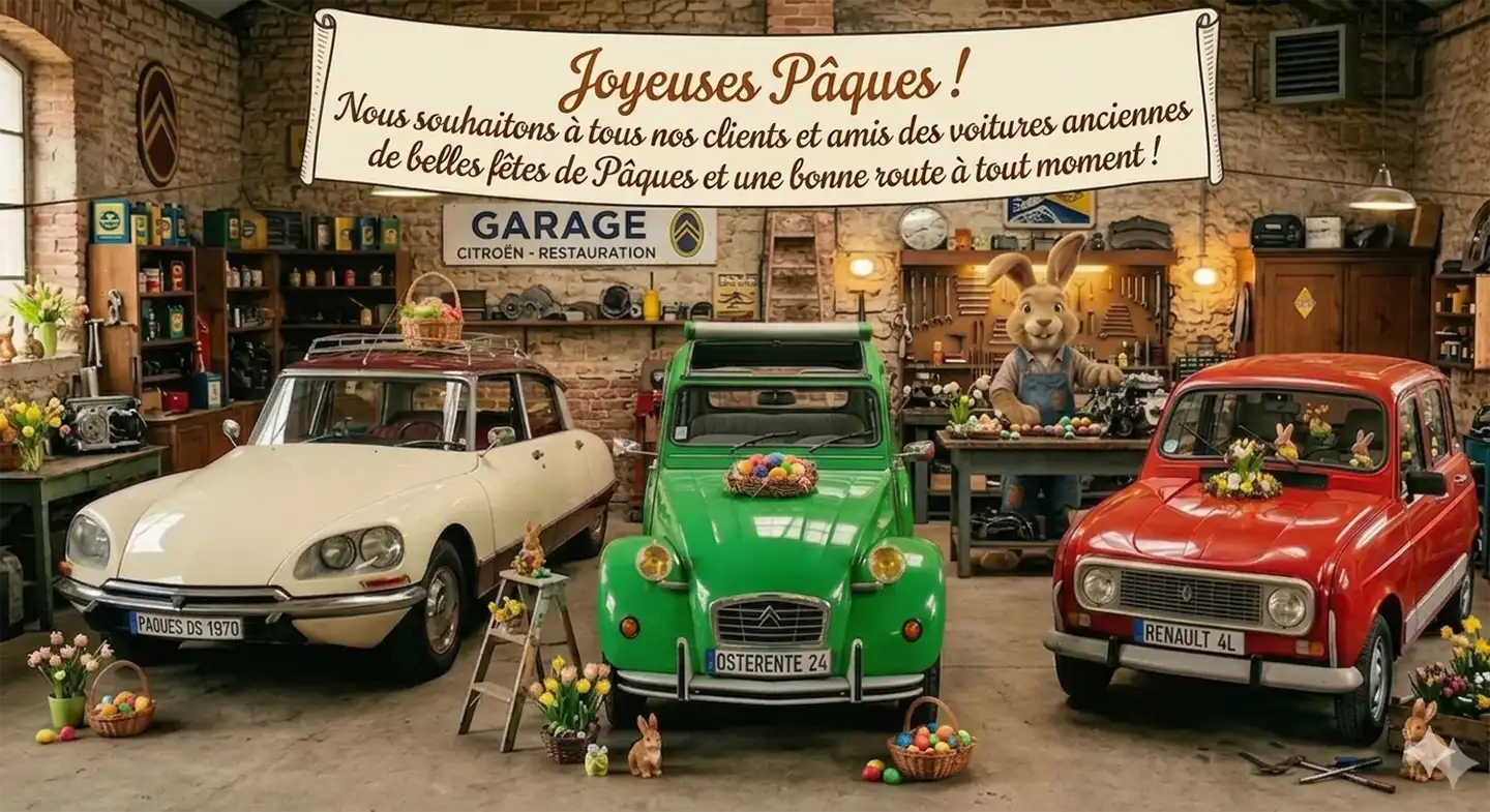 Le lapin de Pâques vous souhaite de joyeuses Pâques – pièces détachées pour Citroën DS, Citroën 2CV et Renault 4L.